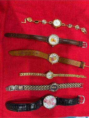 Disney Multi-Character Women's Watch Lot – Gold, Brown, Black, Tan.